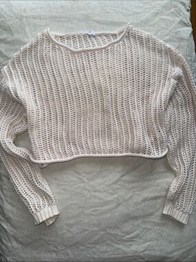 Garage Cream Open-Knit Cropped Crew Sweater